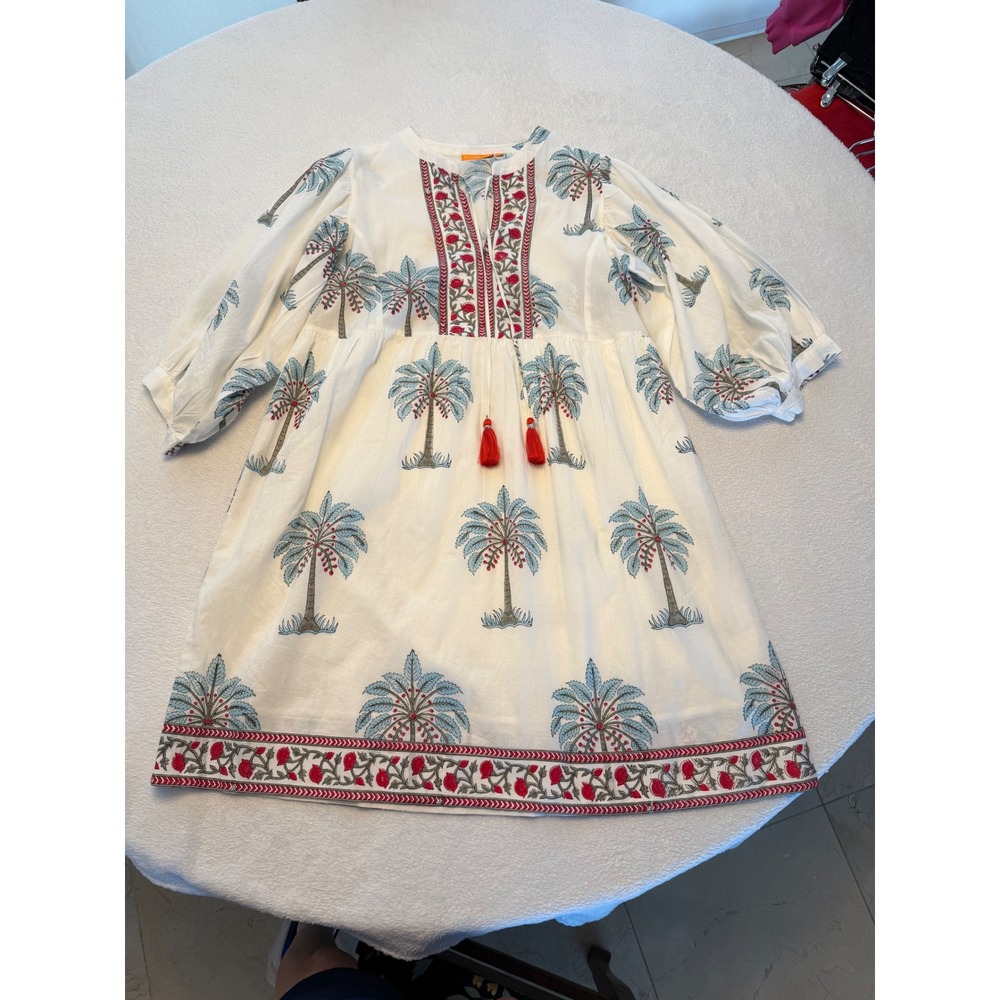 Oliphant White Cotton Block Print Palm Tree Mini Dress Red Tassels Small